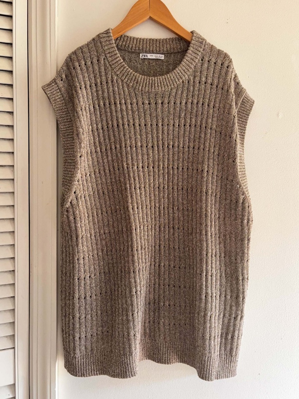 ZARA Women M Brown Open Knit Sleeveless Sweater Vest Tunic Cotton Blend
